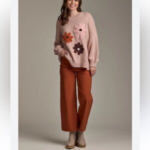 Mud Pie Farley Chunky Knit Sweater Crochet Appliqué Pink Peach Women’s NWT